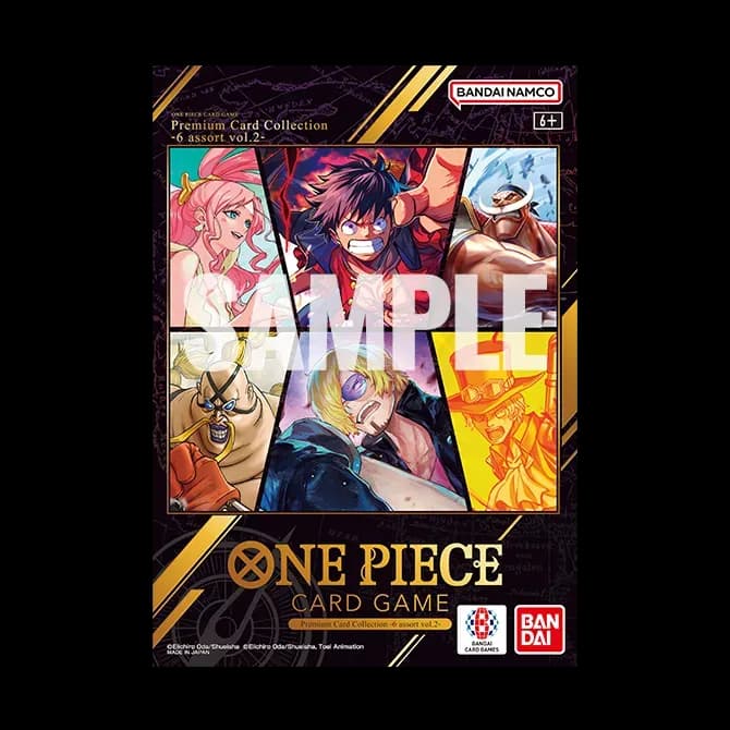 Official Premium Card Collection 6 assort vol.2 box art showing Shirahoshi, Luffy, Whitebeard, Queen, Sanji and Ace (Bandai product image)