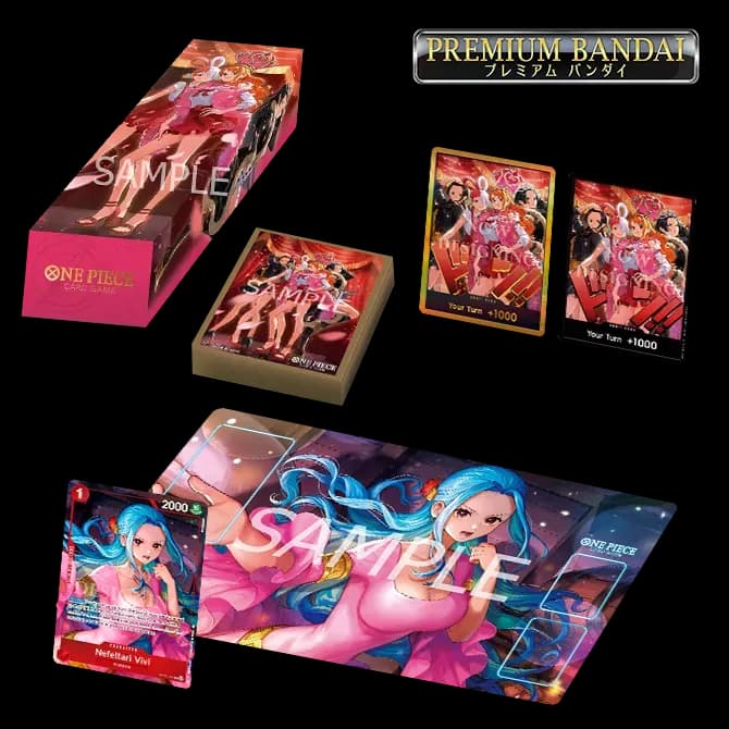 Official Heroines Special Set contents: storage box, sleeves, gold and normal DON!! cards, the Nefeltari Vivi promo card and the Vivi playmat (Bandai product image)