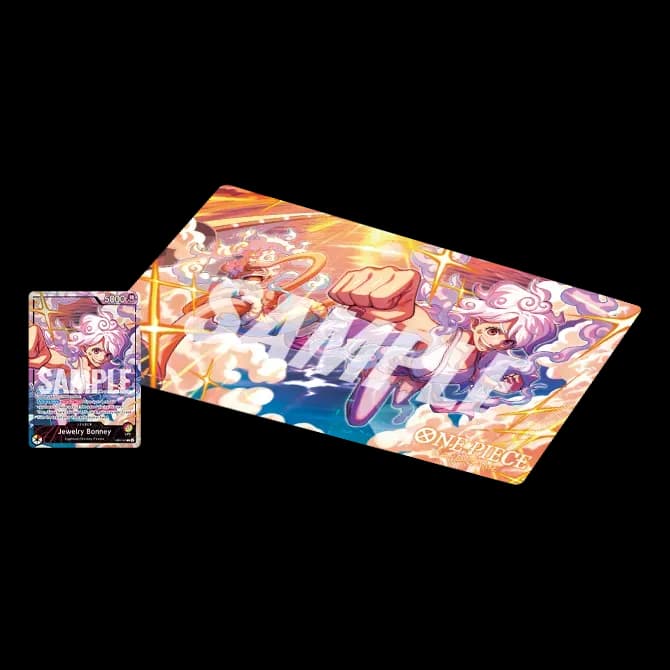 Official Playmat & Card Set Luffy & Bonney: the Gear 5 Luffy and Bonney playmat with the new-art Jewelry Bonney Leader card (Bandai product image)