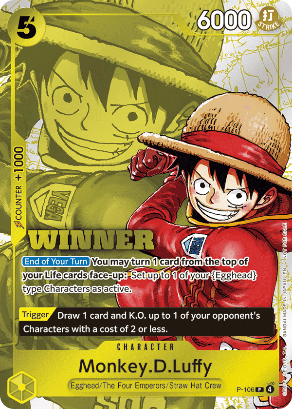 P-106 Luffy, full-art gold WINNER stamped tournament print worth about $76