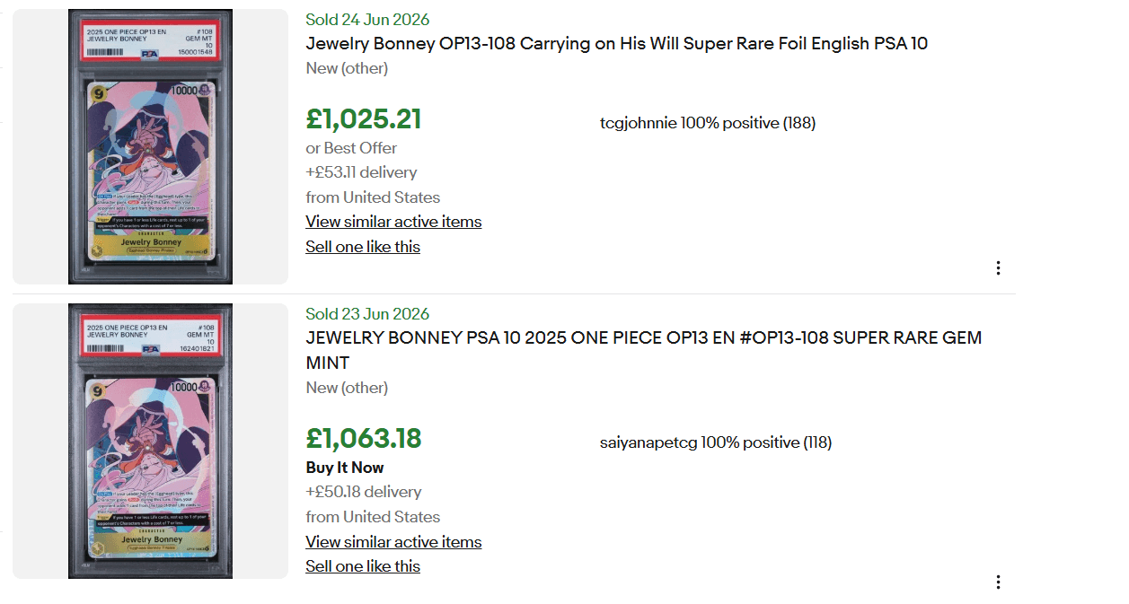 eBay sold listings for PSA 10 OP13-108 Jewelry Bonney, 23–24 June 2026, selling for £1,025–£1,063
