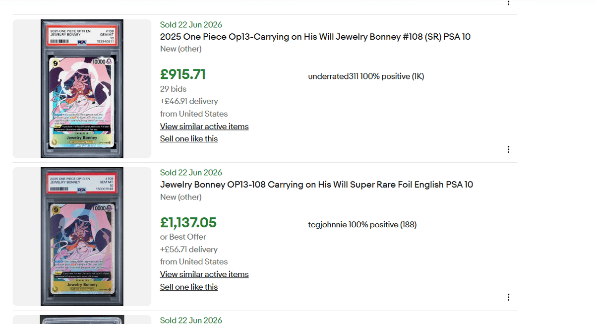 More eBay sold PSA 10 OP13-108 Jewelry Bonney comps, 22 June 2026, including a 29-bid auction at £916 and a £1,137 sale