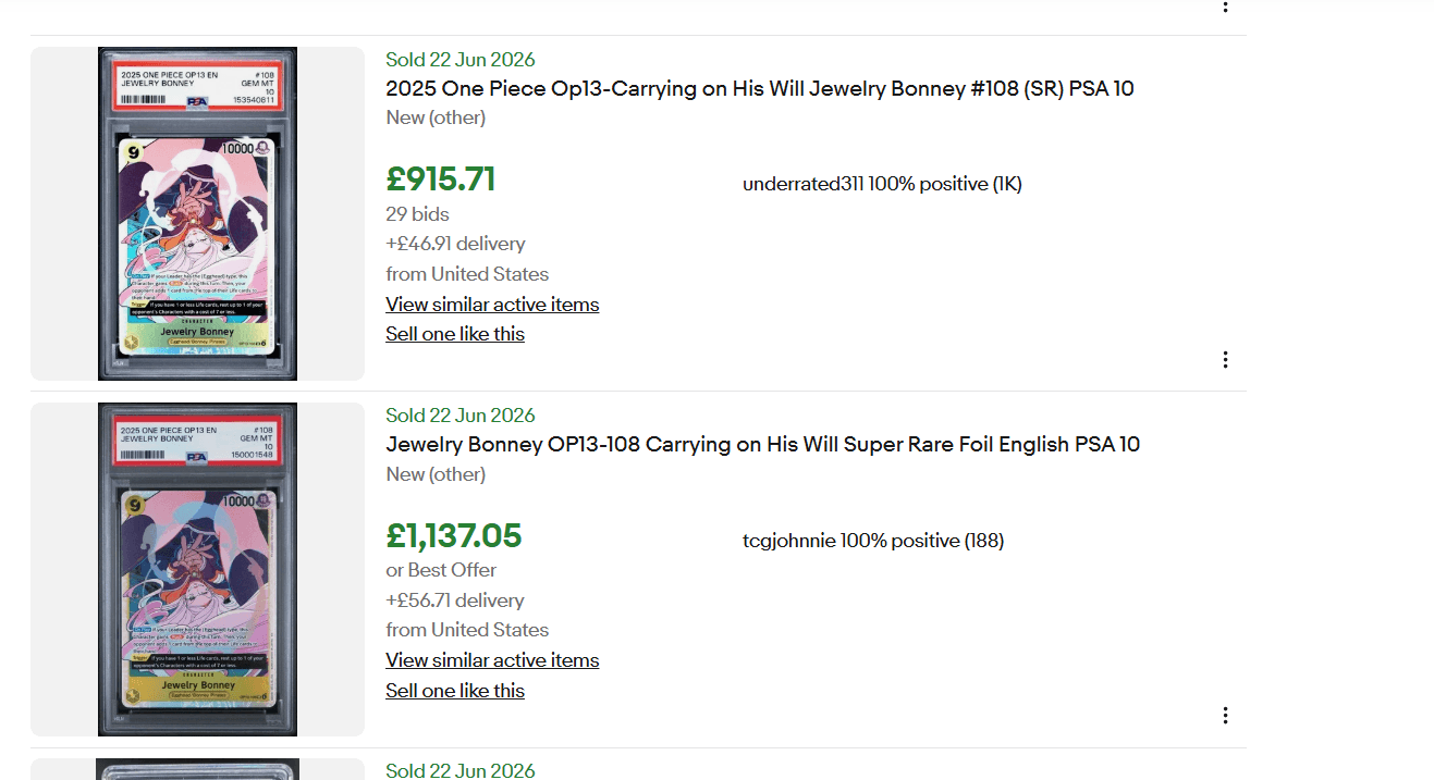 More eBay sold PSA 10 OP13-108 Jewelry Bonney comps, 22 June 2026, including a 29-bid auction at £916 and a £1,137 sale