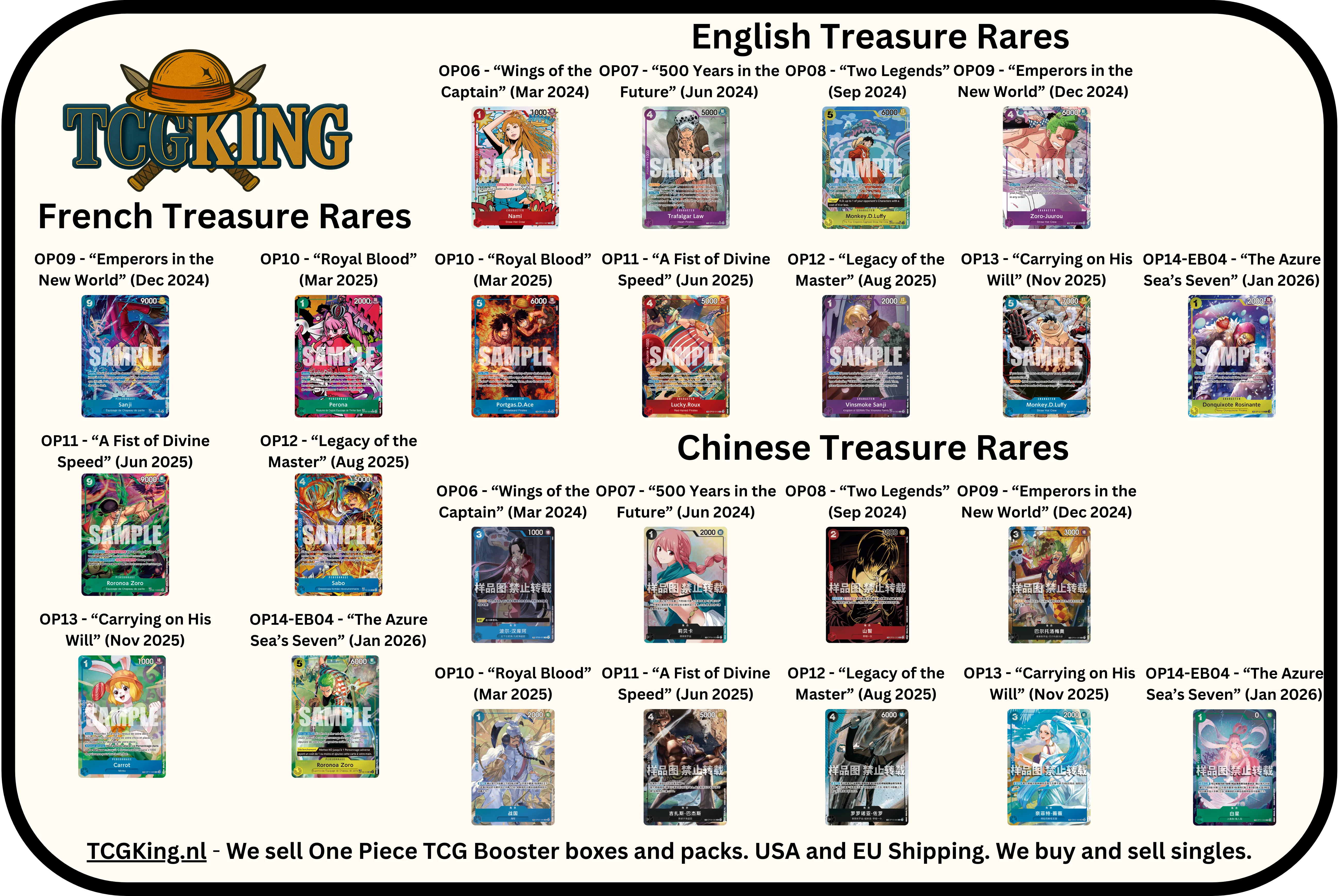 Every One Piece Treasure Rare card through OP-14 — English, French and Chinese, by booster set